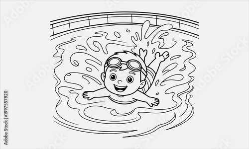 Canvas-taulu Cute child swimming in a pool with water splashes vector illustration,  black an