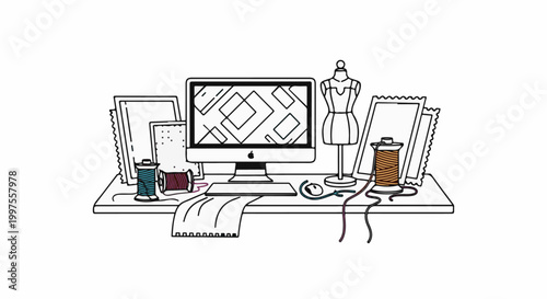 Computer, mannequin, and sewing supplies on a desk