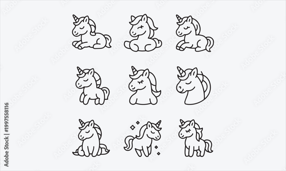 Obraz premium Cute unicorn line art vector icon set vector illustration