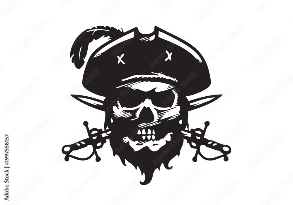 Fototapeta premium Pirate Captain Skull Mascot Logo Vector: Jolly Roger Cross Swords Silhouette for Esports, Gaming Team, Tactical Brand, and Apparel Graphic Design