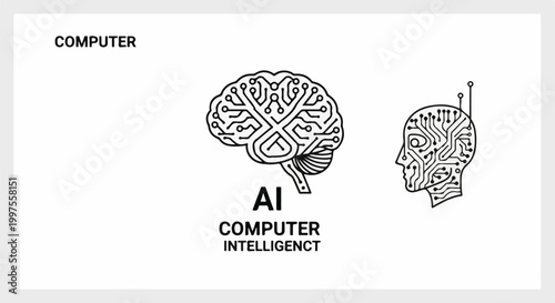 Computer science graphic with brain and head designs reflecting AI