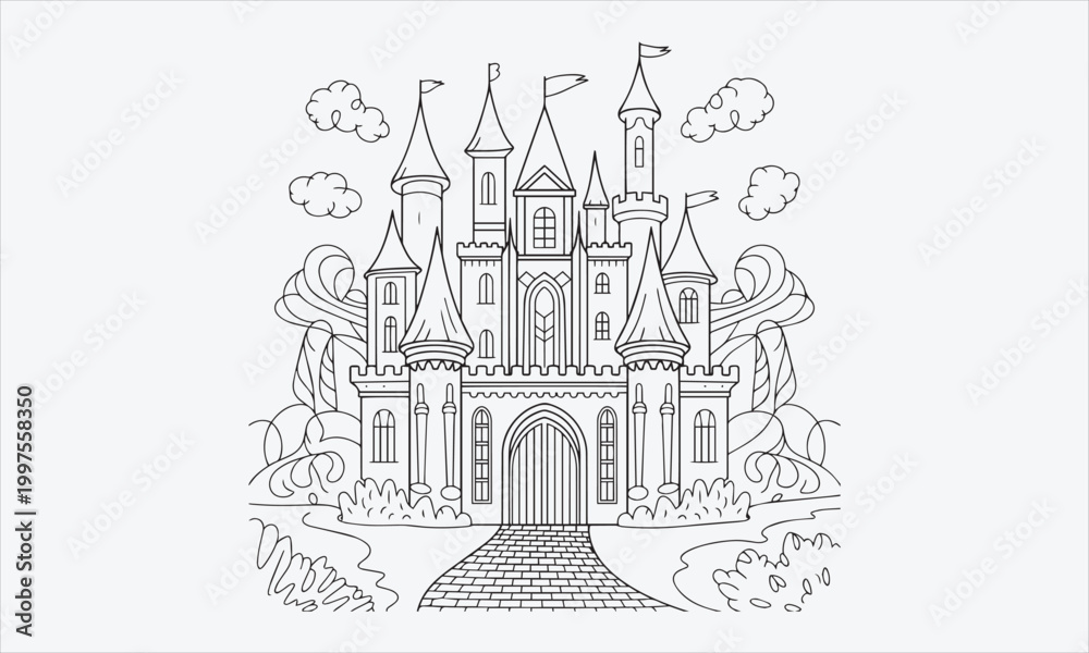 Naklejka premium Enchanting castle line art icon set page vector illustration