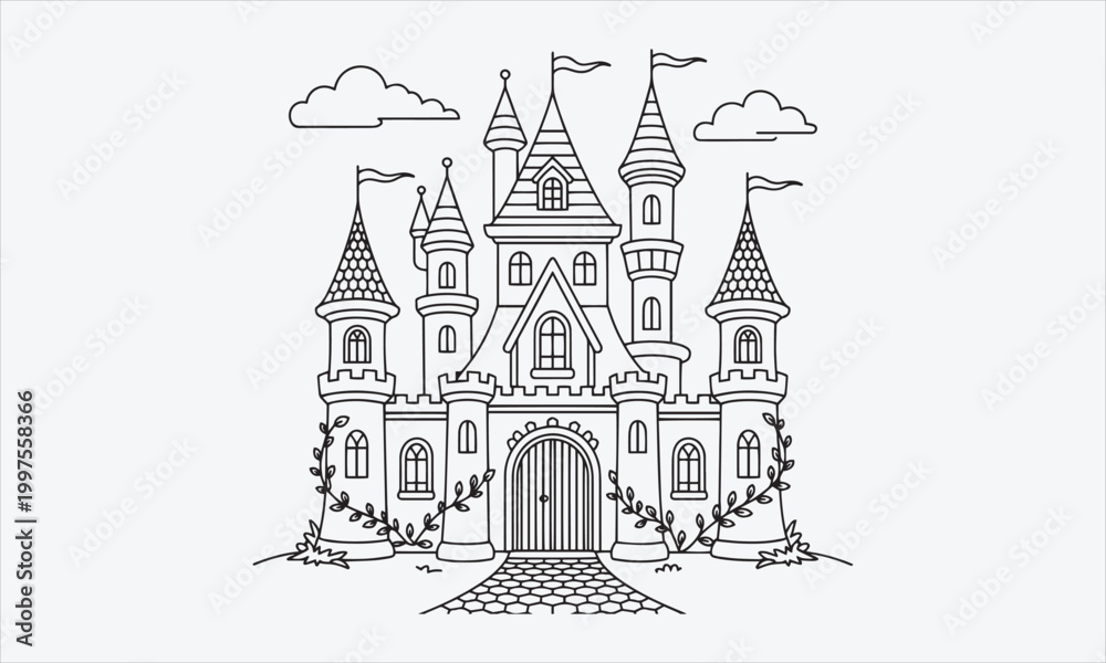 Fototapeta premium Enchanting castle line art icon set page vector illustration