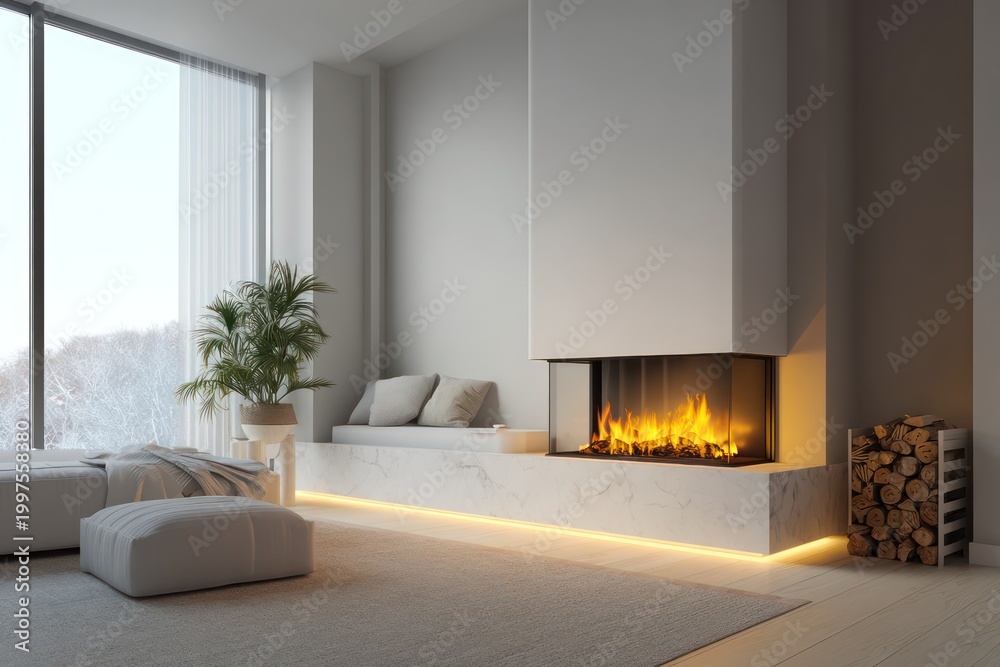 Obraz premium Glowing fireplace in modern home interior