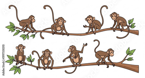 Playful monkeys on tree branch funny tropical animal group vector illustration Sri Lanka wildlife theme on white background