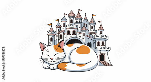 Cute cat sleeps peacefully in front of a whimsical, fairytale castle