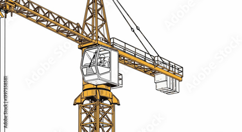 Construction crane operator in cabin, yellow industrial machine, heavy lifting