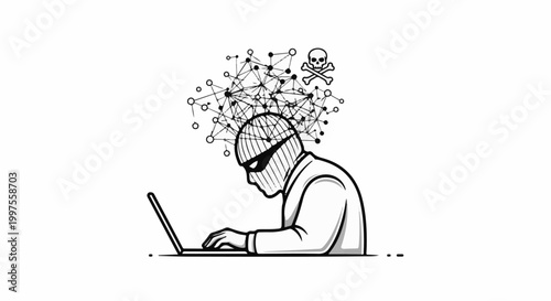 Cybercriminal in balaclava with laptop, network, and skull and crossbones