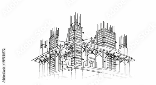 Construction worker securing formwork for concrete pillars on a building site