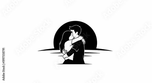 Couple embracing at sunset, black and white illustration