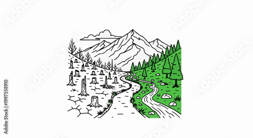 Contrasting mountain landscapes depicting deforestation and lush greenery