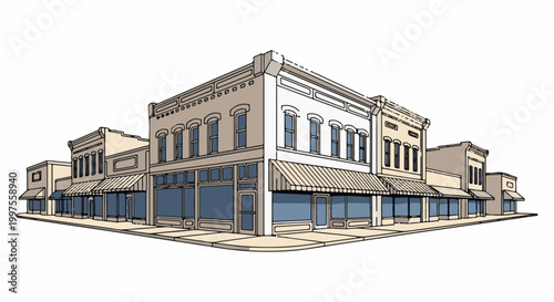 Corner view of a line of vintage store buildings with awnings