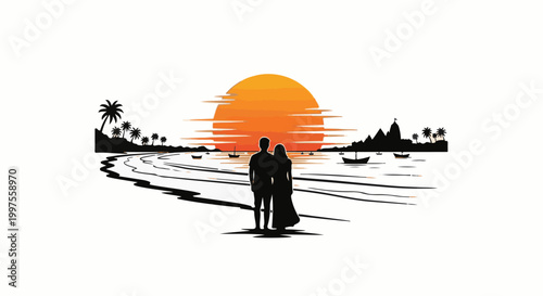 Couple silhouetted against a vibrant sunset on a tropical beach with boats