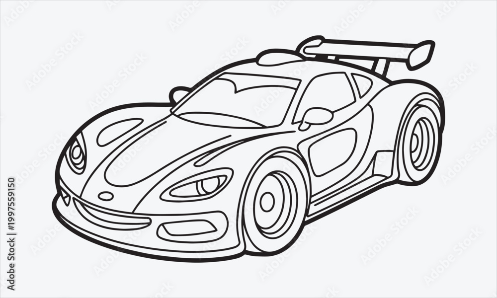 Fototapeta premium Outline drawing of fast Cartoon racing car concept, car coloring page line art vector icon set sport vehicle from side and front view vector illustration