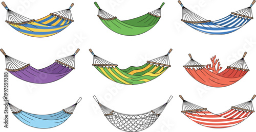 Colorful hanging hammock vector set featuring various patterns and designs like stripes and solid colors for summer relaxation, backyard furniture, camping gear, and tropical vacation themes.