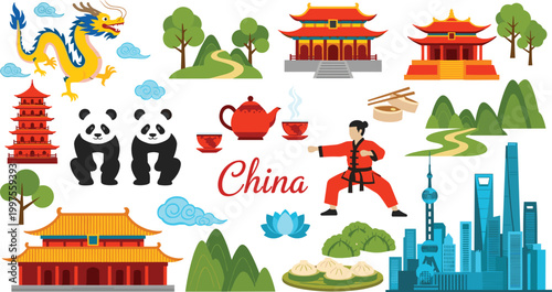 Colorful Illustration of Chinese Landmarks, Culture, and Symbols Including Dragon, Panda, Tea, and Traditional Architecture"