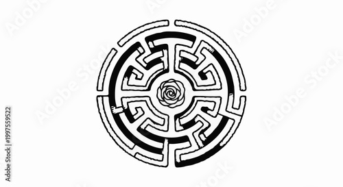 Circular labyrinth with a rose in the center, black ink on white background