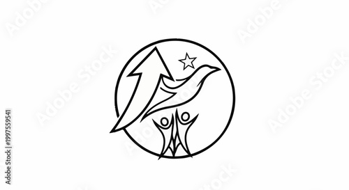 Circular logo with upward arrow, bird, star, and stylized figures