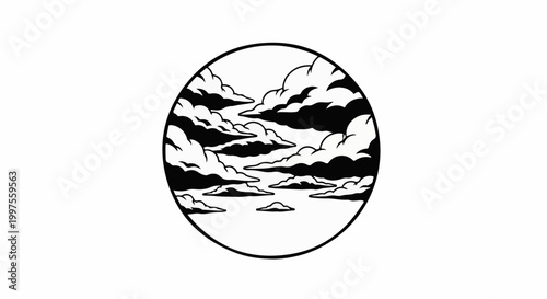 Circular monochrome graphic of stylized, dark and light clouds in a sky