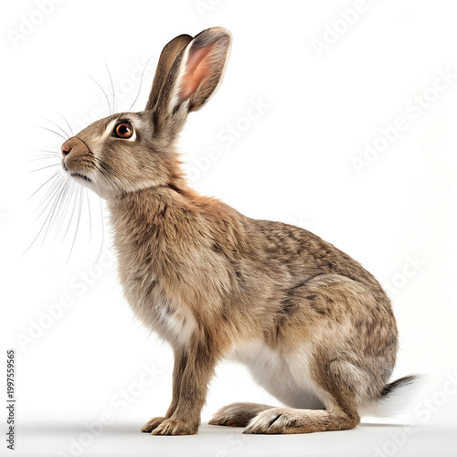 Brown Hare, Furry Rabbit, Wildlife Illustration, Animal Portrait isolated on White Background