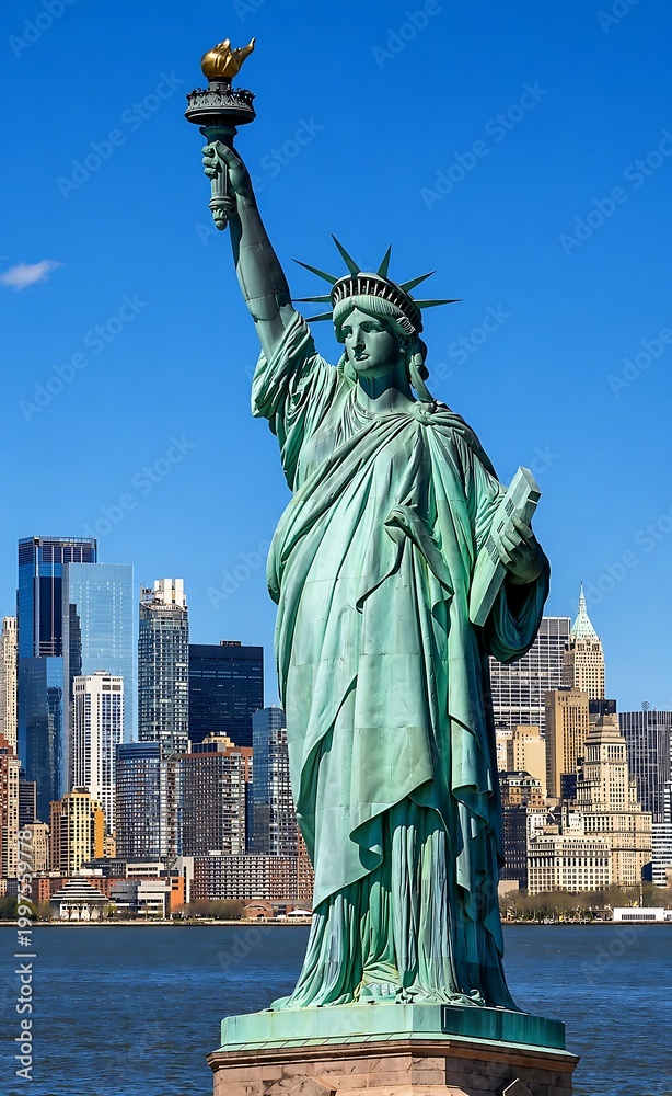 Fototapeta premium Statue of Liberty in New York City USA standing tall on Liberty Island as a symbol of freedom with torch raised against the sky