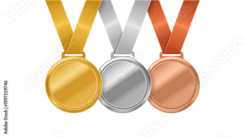 Three shiny medals on a podium with gold, silver, and bronze colors Vector