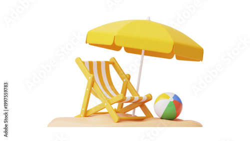 Yellow beach umbrella and chair with beach ball on sandy shore Vector