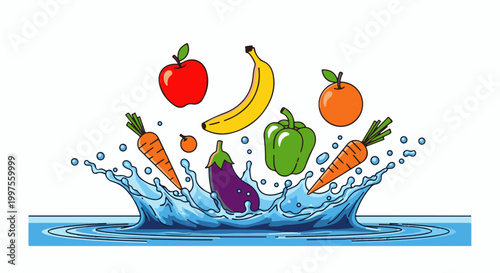 Colorful assortment of fresh produce splashing into clear blue water