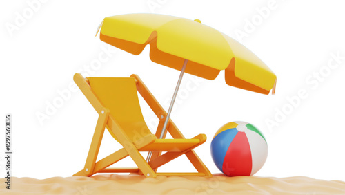 Bright yellow beach chair with umbrella and colorful ball on sandy shore Vector