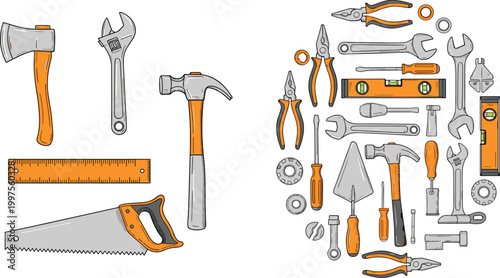 Professional construction hand tools vector set with hammer, saw, axe, wrench, and pliers for carpentry, home repair, renovation, and DIY workshop illustrations isolated on white background.
