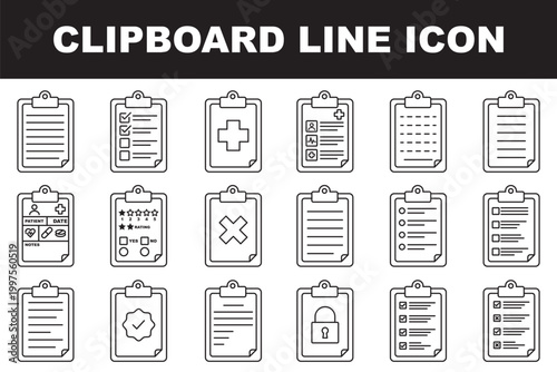 Legal documents icon set. Vector illustration. Clipboard Line Icon Set, Minimal Vector Outline Documents for Medical Patient Records, Business Checklists, Survey Forms, and Secure Data App UI Design.