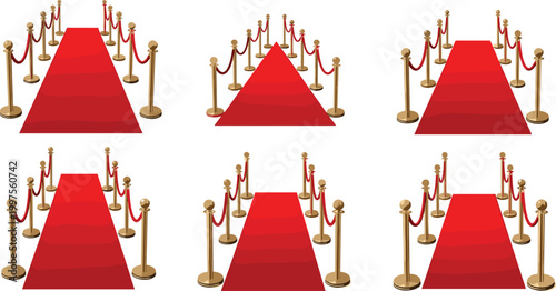 PrintLuxury red carpet entrance set with gold stanchions and velvet ropes for gala events, celebrity awards, movie premieres, VIP parties, and grand openings isolated on white background vector 