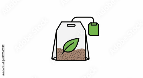 Clear tea bag with green leaf and loose tea, attached to a green tag