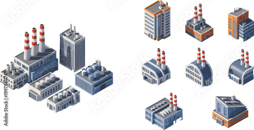 Isometric industrial factory and power plant building vector set with chimneys, warehouses, and manufacturing facilities for city maps, game infographics, and architectural design isolated on white 