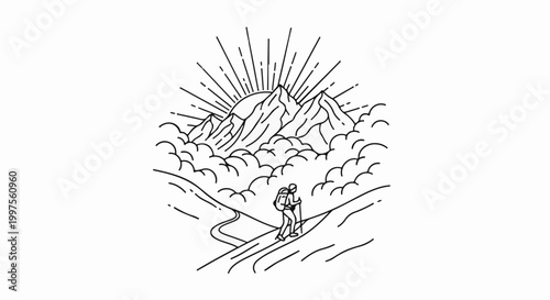 Climber ascends mountain range at sunrise above clouds with backpack and poles