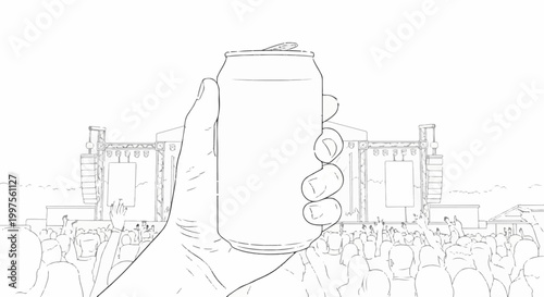 Close up of a hand holding a can in front of a large outdoor music festival stage