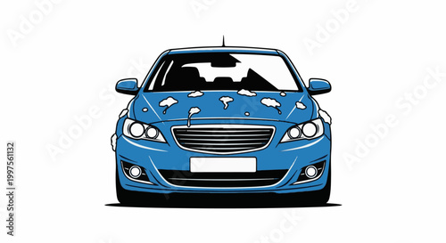 Blue sedan with white splatters on the hood and fenders