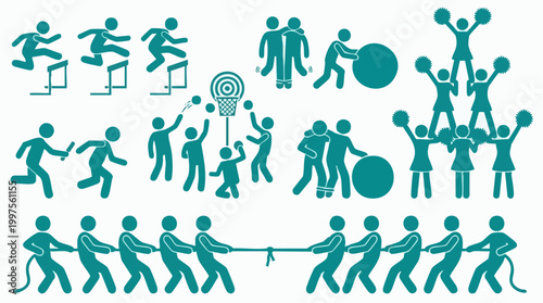 Diverse stick figure illustrations of team sports and individual athletic events