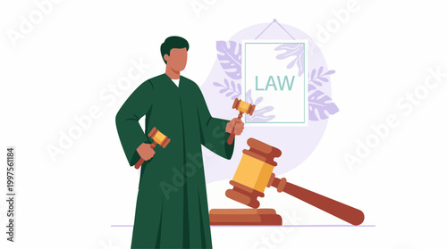 Legal professional in judge's robe holding gavels with LAW sign illustration