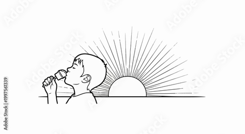Child enjoys ice cream with a sunburst rising behind them