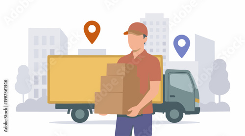 Delivery Man Holding Packages with Truck in Urban City Environment