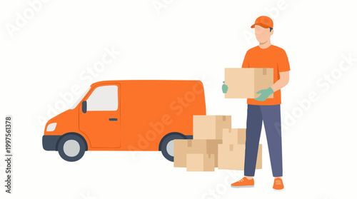 Courier man loading delivery boxes into an orange commercial shipping van.