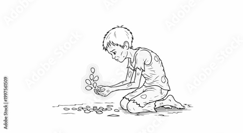 Child in tattered clothes kneels holding seeds, symbolizing hope and future growth