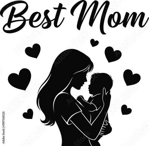 best mom silhouette with hearts on white background