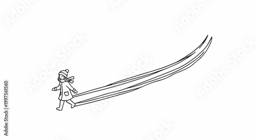 Child in winter clothes walks along a curved path with flowing lines