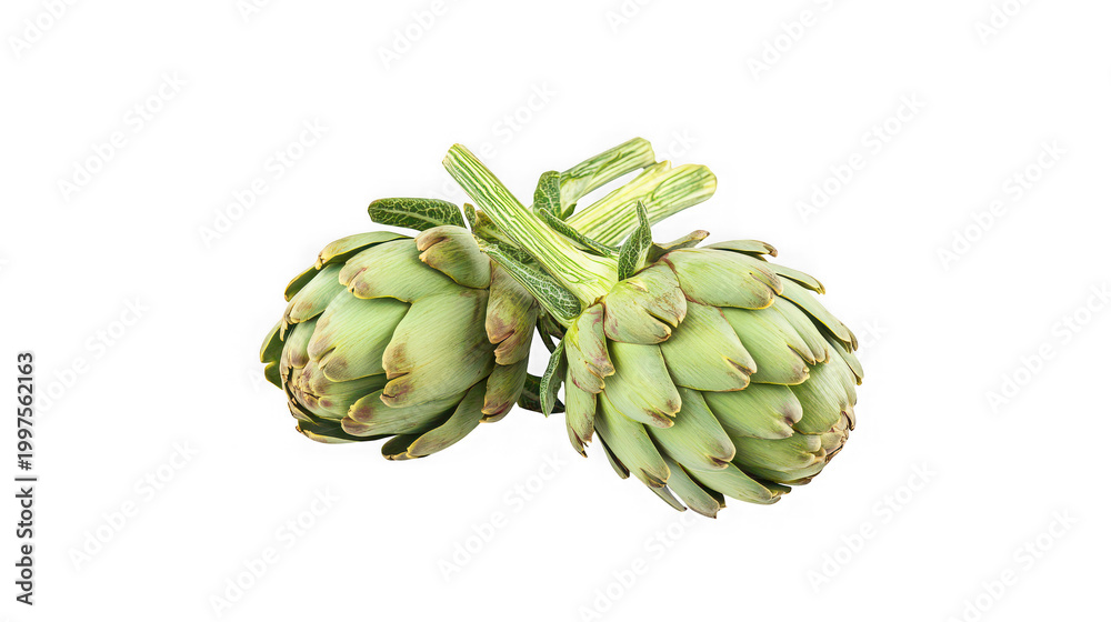 Fototapeta premium Fresh green artichokes vegetable duo isolated on transparent background for healthy cooking and culinary ingredients