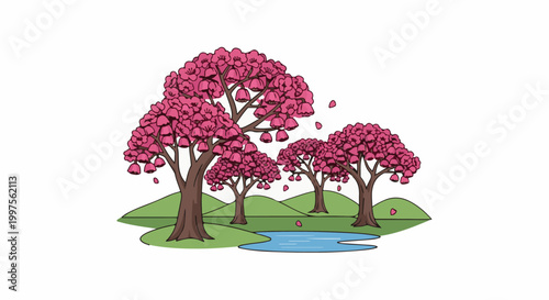 Blooming trees by a tranquil pond on rolling green hills