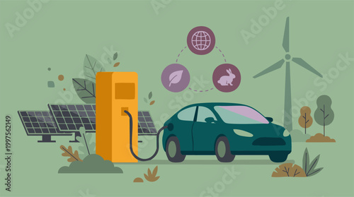 Electric Car Charging with Renewable Energy and Sustainability Icons