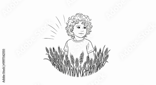 Child with curly hair stands in a wheat field under sunlight