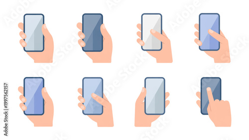 Person holding and using multiple smartphones with different screen orientations Vector